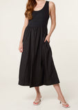 Black RIBBED TOP COMBINED MIDI DRESS
