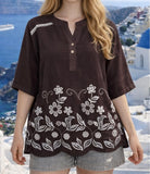 Brown Embroidered Floral Hem Blouse