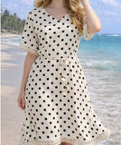 Beige Polka Dot Tie Waist Dress