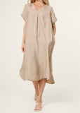 Mocha V-NECK FRONT CREASE CRINKLE MIDI DRESS