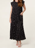 Black POLKA DOT CAP SLEEVE PLEATED DRESS
