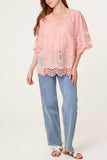 Pink LACE & CROCHET V-NECK TOP