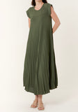 Khaki CAP SLEEVE PLEATED MAXI DRESS