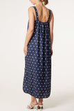 Navy SIDE SPLIT GOLD CHAIN STRAP POLKA DOT DRESS