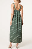 Khaki SIDE SPLIT GOLD CHAIN STRAP POLKA DOT DRESS