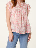 Pink BOHO RUFFLE FLORAL & LACE SLEEVE TOP