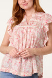 Pink BOHO RUFFLE FLORAL & LACE SLEEVE TOP