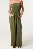 Khaki BANDEAU SHIRRED WIDE LEG JUMPSUIT