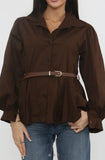 Chocolate BELTED BALLOON SLEEVE SHIRT