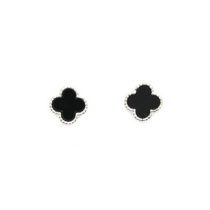 Earrings Silver Black Clover Shape with Stone Stud Earrings