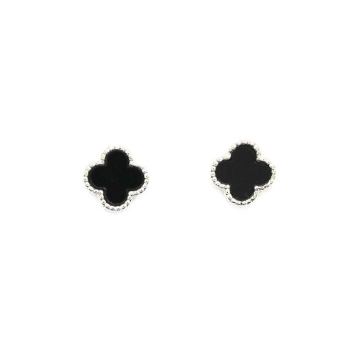 Earrings Silver Black Clover Shape with Stone Stud Earrings