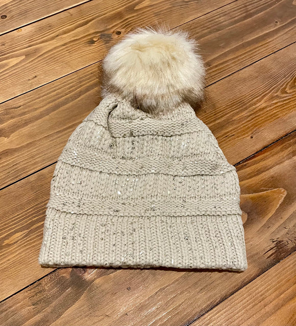 Hat Cream Glitzy with Faux Fur Pom Pim