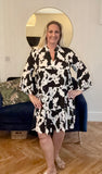 Black COW PRINT OPEN COLLAR TIERED DRESS