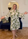 Khaki COW PRINT OPEN COLLAR TIERED DRESS