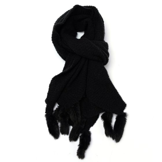 Scarf Plain Black Faux Fur Tassle