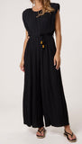 Black PLEATED SHOULDER PAD JUMPSUIT