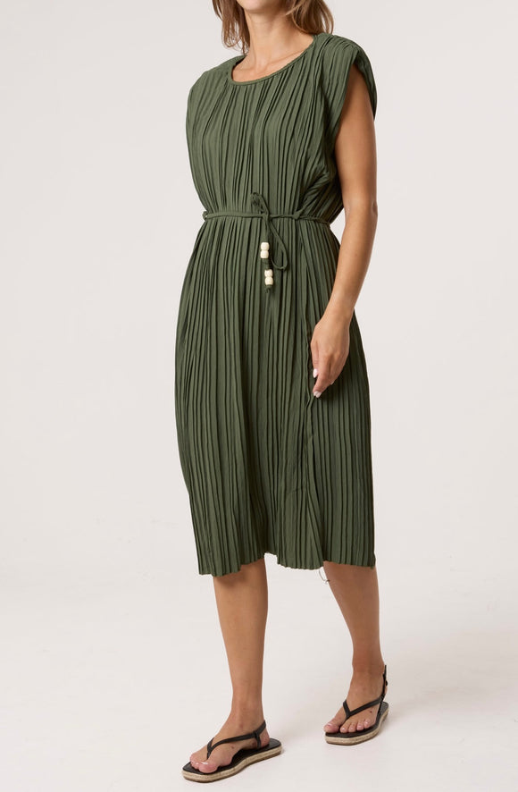 Khaki PLEATED SHOULDER PAD MIDI DRESS