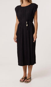 Black PLEATED SHOULDER PAD MIDI DRESS