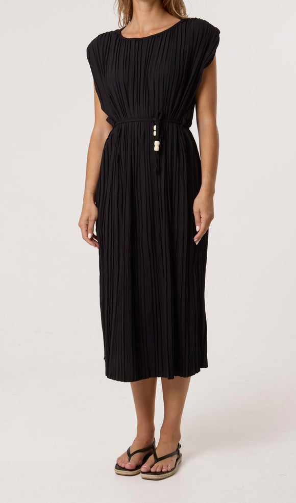 Black PLEATED SHOULDER PAD MIDI DRESS