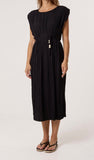 Black PLEATED SHOULDER PAD MIDI DRESS