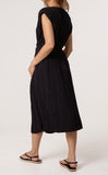 Black PLEATED SHOULDER PAD MIDI DRESS