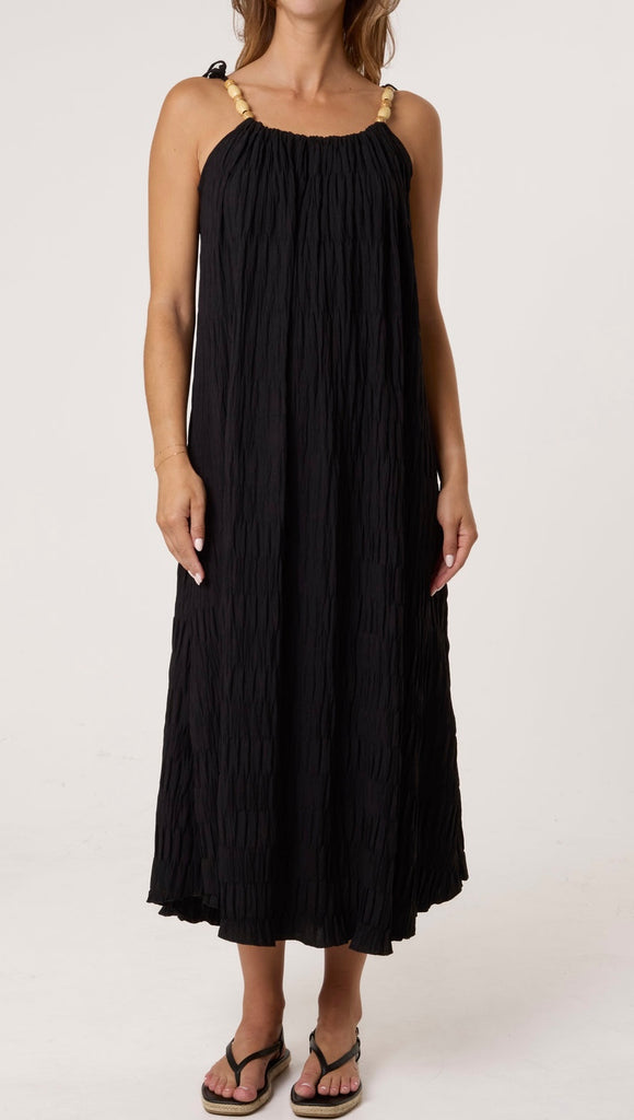 Black Crinkle Maxi Dress with Strap Detail