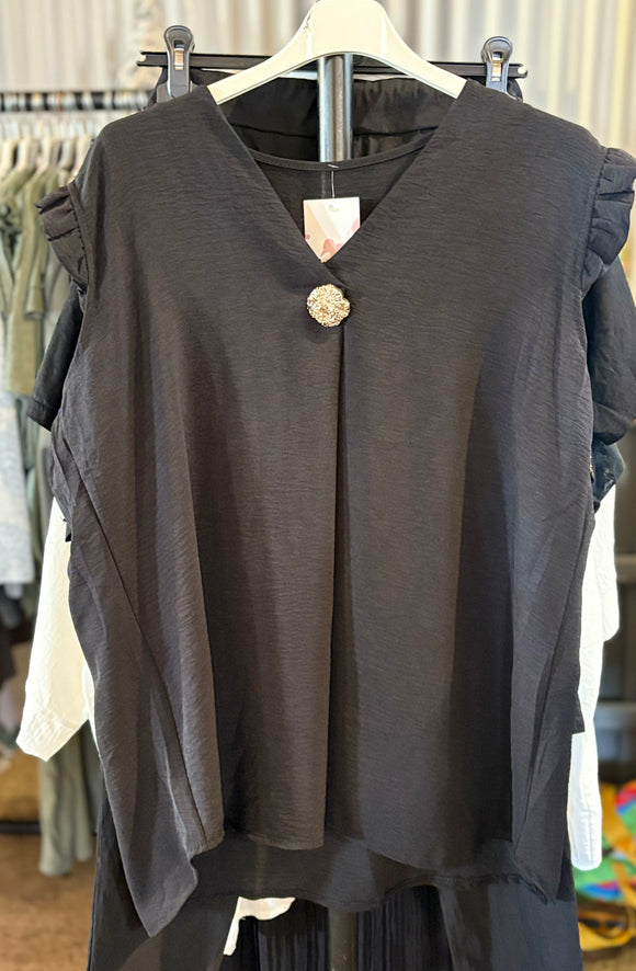 Black FRILL SLEEVE FRONT BUTTON V-NECK TOP