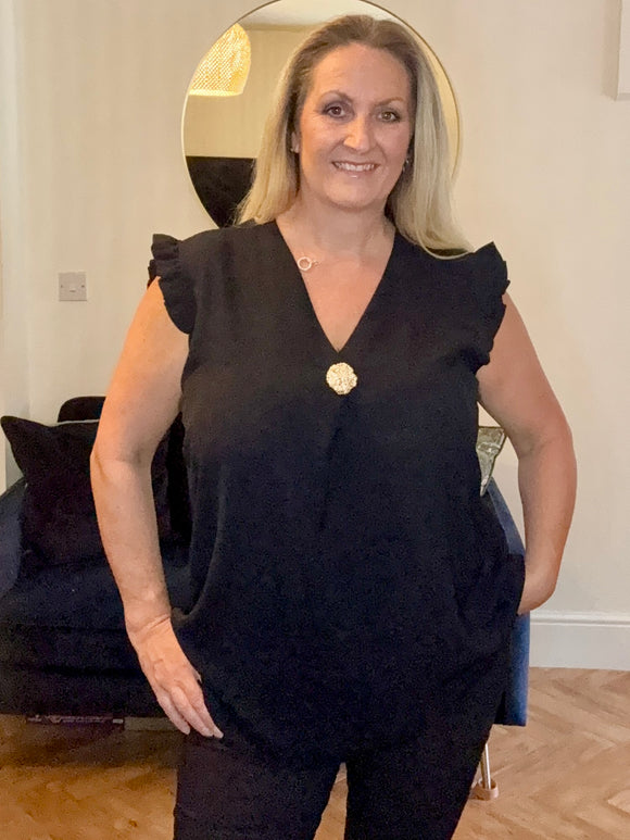 Black FRILL SLEEVE FRONT BUTTON V-NECK TOP