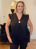 Black FRILL SLEEVE FRONT BUTTON V-NECK TOP