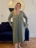 Khaki V Neck Long Sleeve MIDI Dress