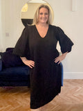 Black V Neck Puffball Sleeve MIDI Dress