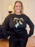 Black DIAMANTE BOW ROUND NECK SWEATSHIRT