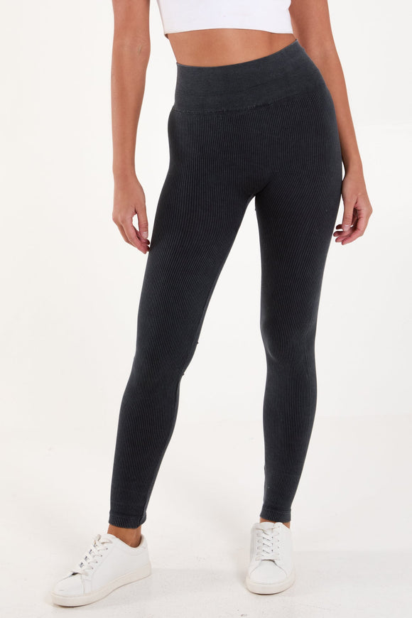 Black ACID WASHED RIBBED LEGGING