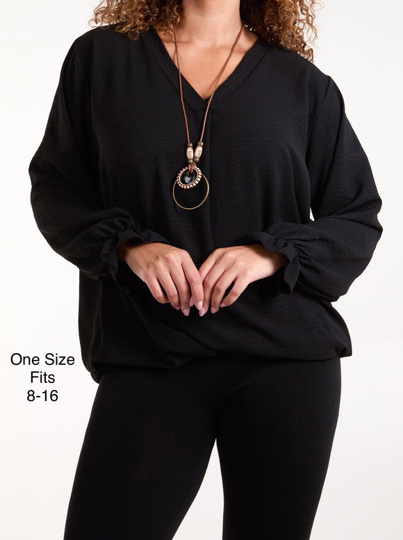 Black NECKLACE SLEEVE DETAIL BUBBLE HEM BLOUSE