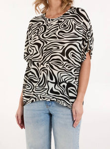 Black & White Short Sleeved Top with Abstract Print