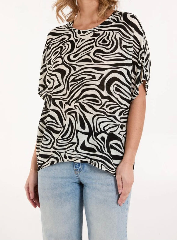Black & White Short Sleeved Top with Abstract Print