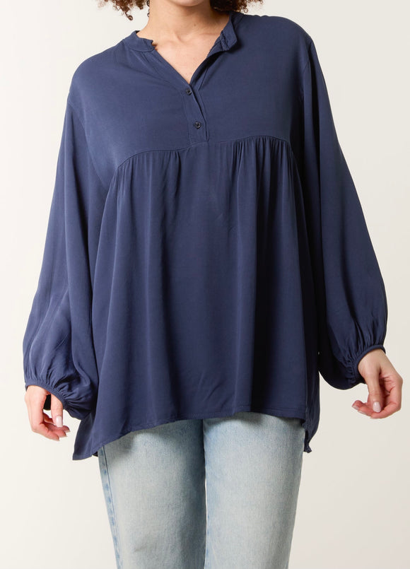 Navy Grandad Collar Smock Blouse