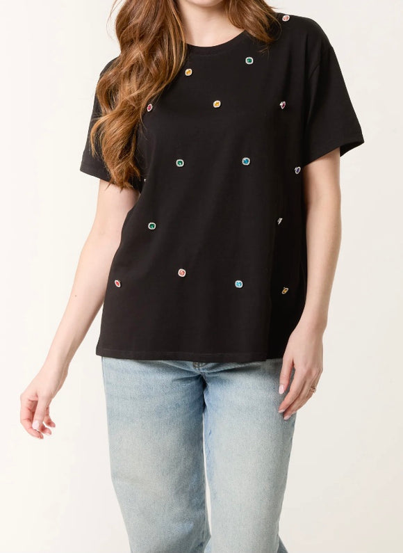 Black MULTICOLOUR DIAMANTE SHORT SLEEVE TOP