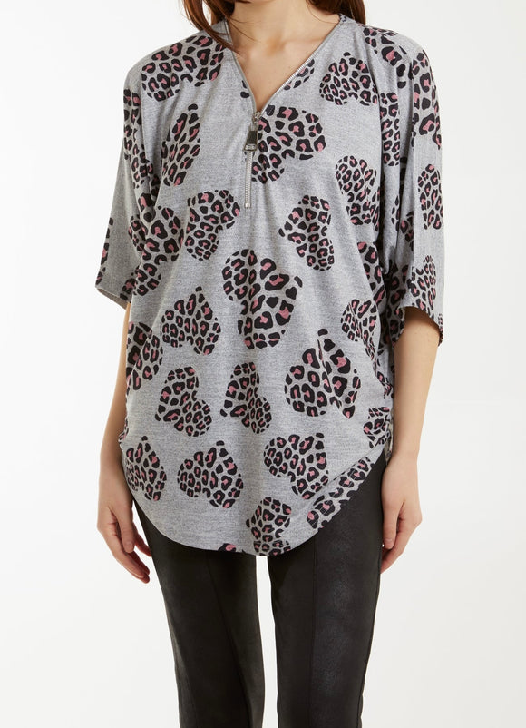Grey LEOPARD HEART PRINT ZIP TOP