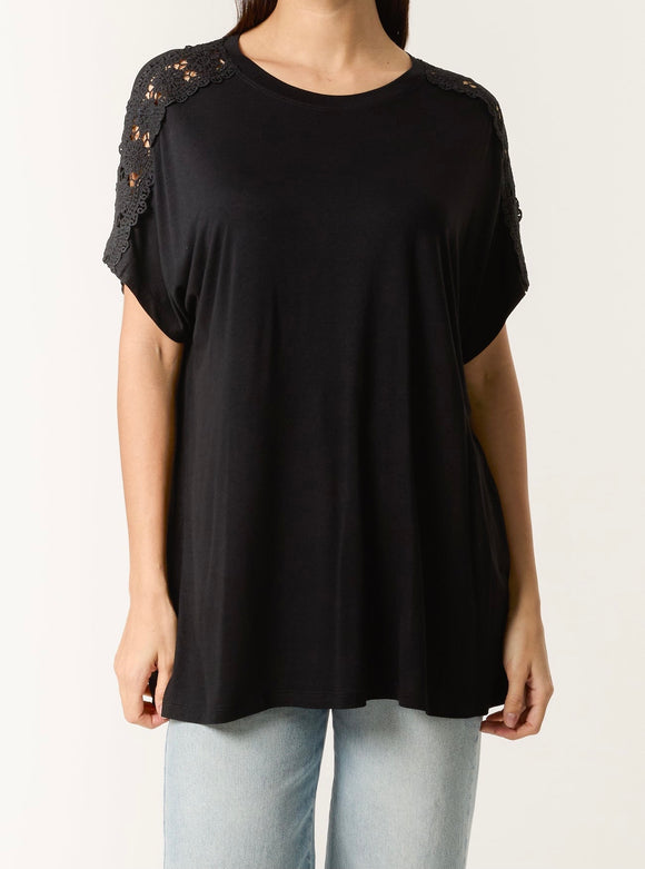 Black CROCHET SHOULDER T-SHIRT