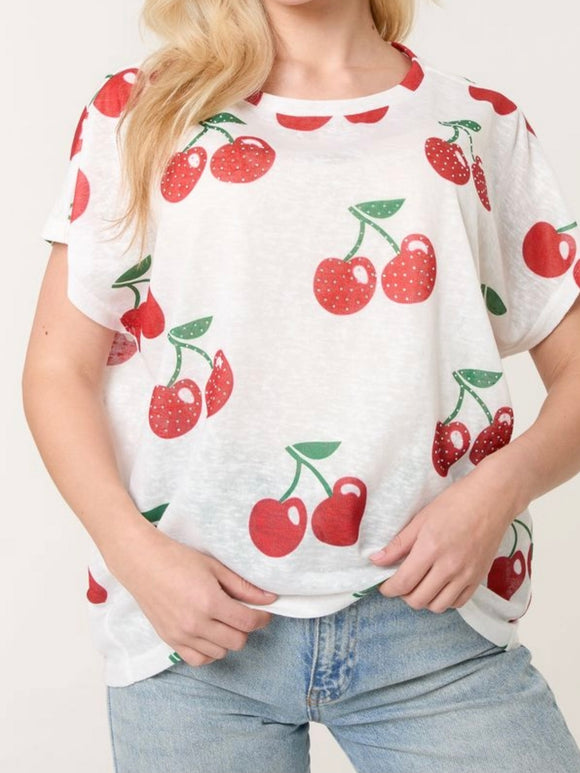 EMBELLISHED CHERRY PATTERN T-SHIRT