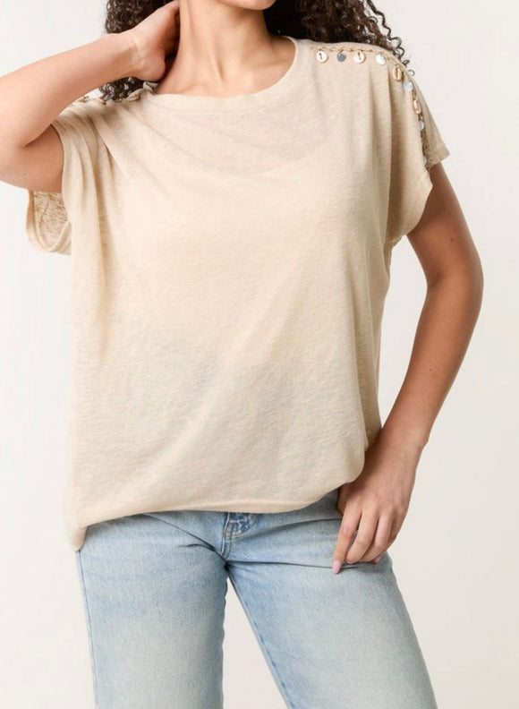 Stone SHELL TRIM SLEEVE T-SHIRT