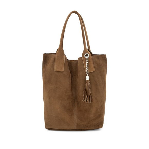 Bag Brown Suede Leather Shopper Tote with Tassel