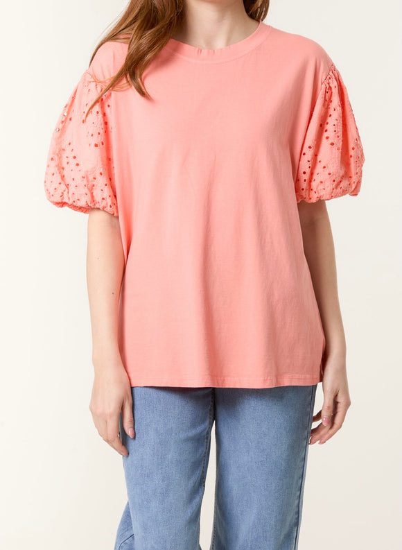 Coral BRODERIE ANGLAISE BALLOON SLEEVE TOP