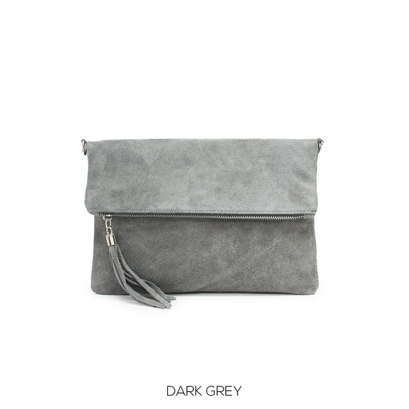 Bag Grey Foldover Plain Suede Leather Clutch