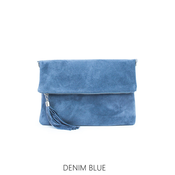 Bag Denim Blue Foldover Plain Suede Leather Clutch