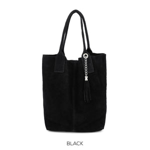 Bag Black Suede Leather Shopper Tote with Tassel