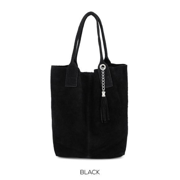 Bag Black Suede Leather Shopper Tote with Tassel