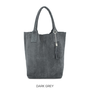 Bag Grey Suede Leather Shopper Tote with Tassel