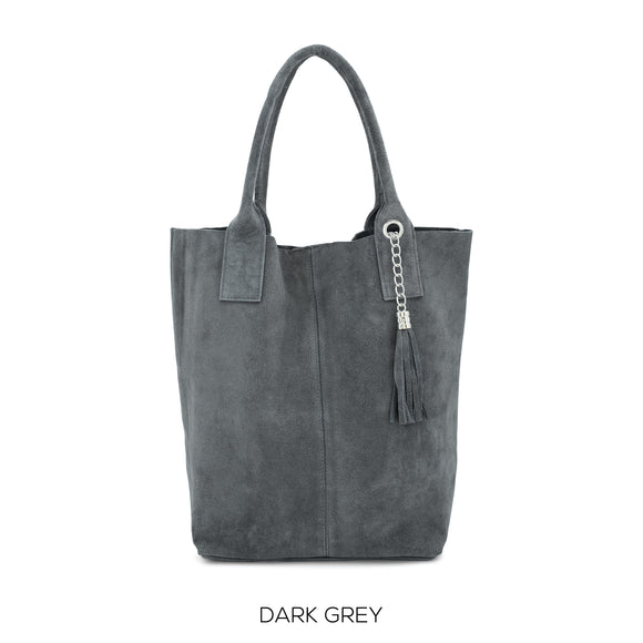 Bag Grey Suede Leather Shopper Tote with Tassel